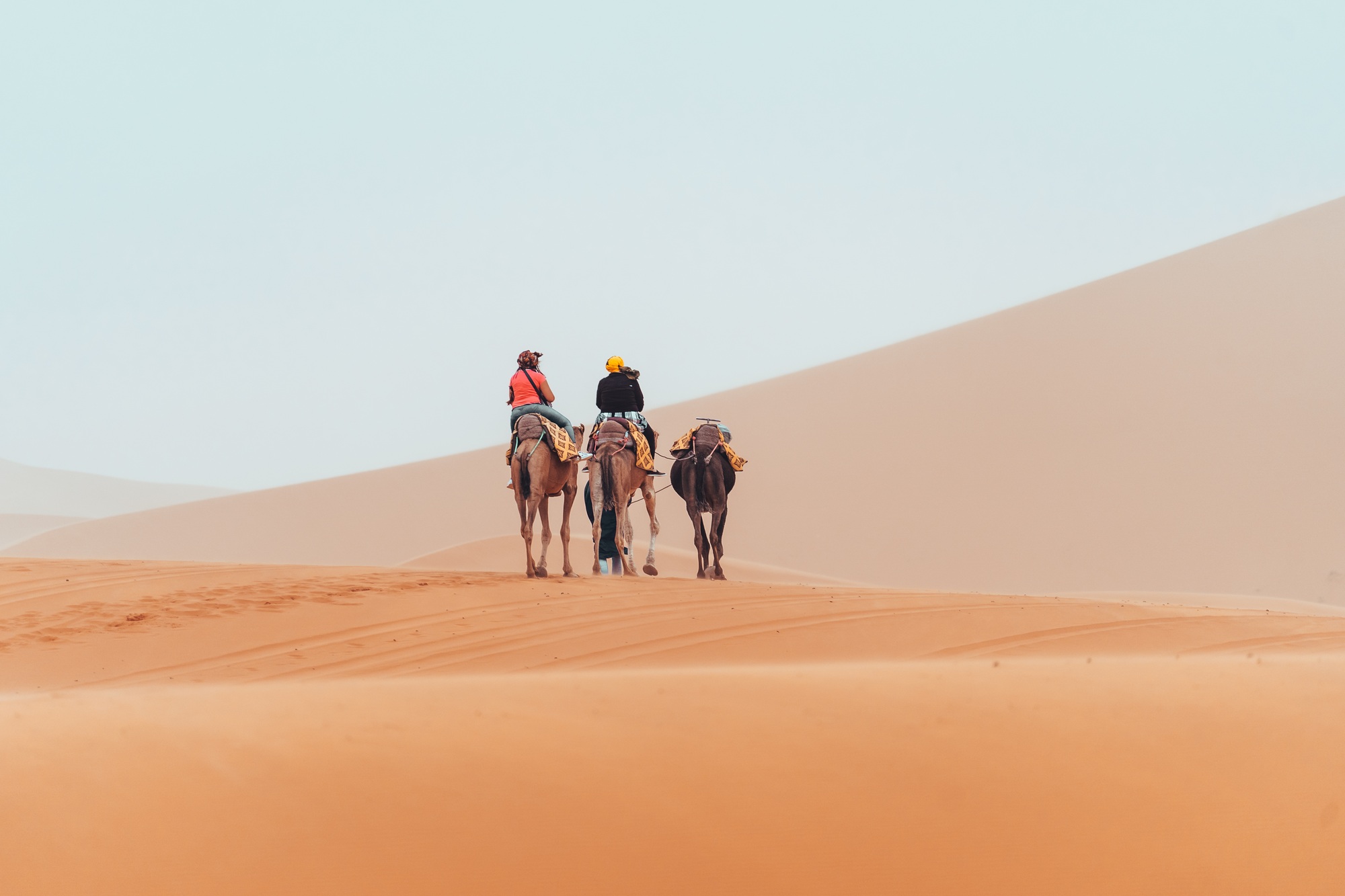Camel trek with tourists through the sahara desert in Merzouga, Morocco